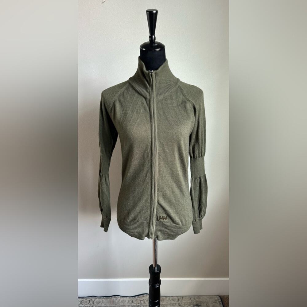 HELLY HANSEN Mock Neck Puff Sleeve Full Zip-Up Sweater in Olive Green Size S